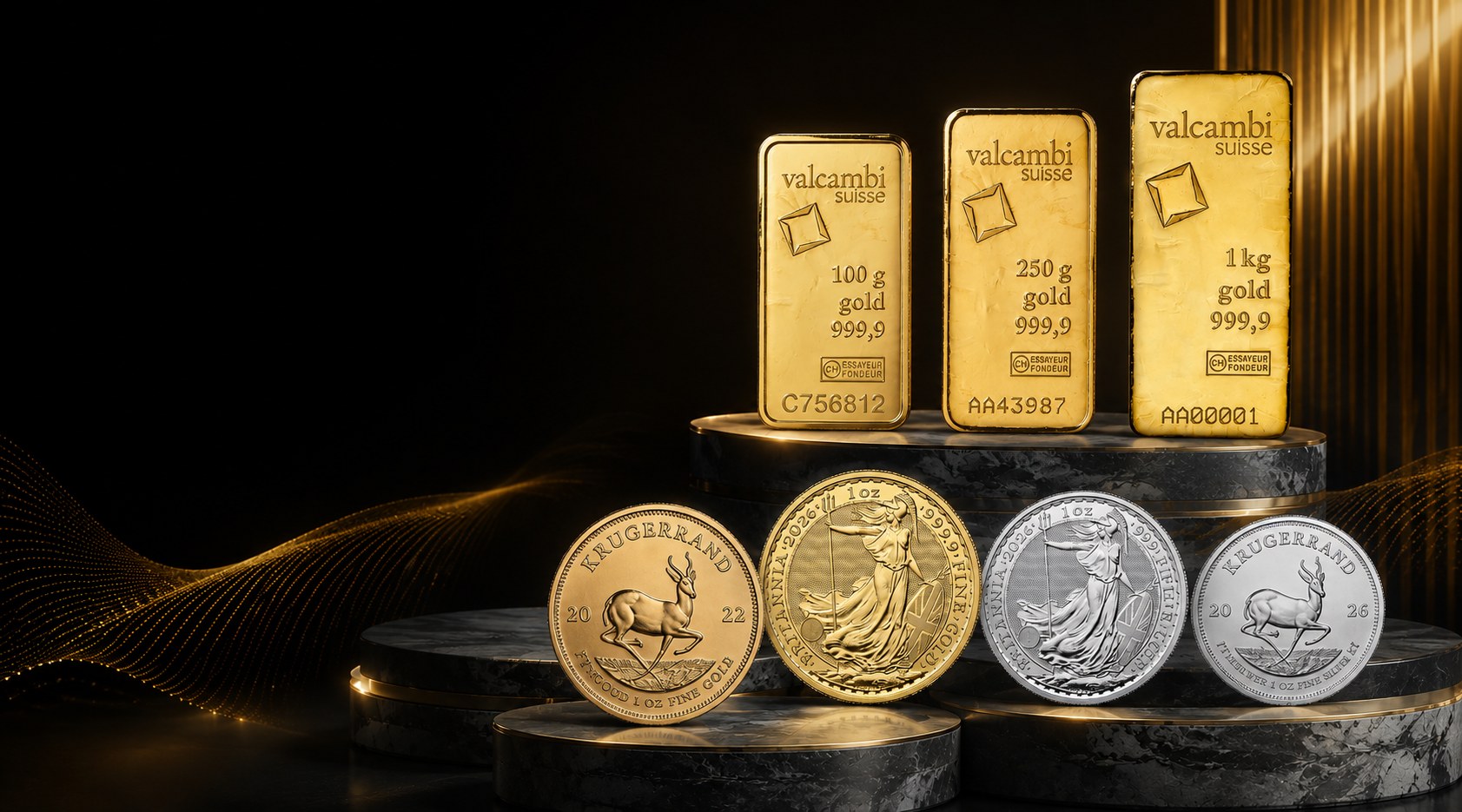 Valcambi Suisse gold bars with gold and silver Krugerrand and Britannia coins